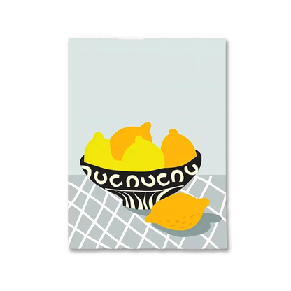 A vertical art print or card featuring a stylized illustration of lemons in a black and white patterned bowl on a gray-and-white checkered tablecloth, with a pale blue background.