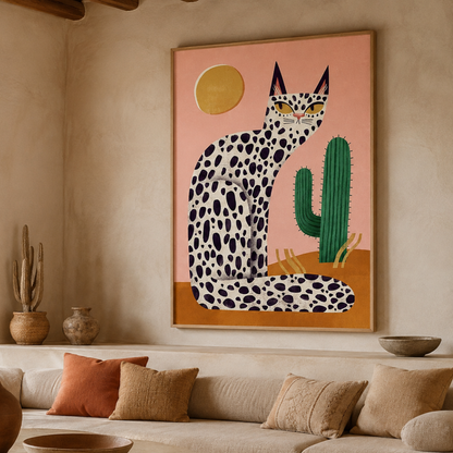 Desert Cat & Cactus Retro Canvas Print