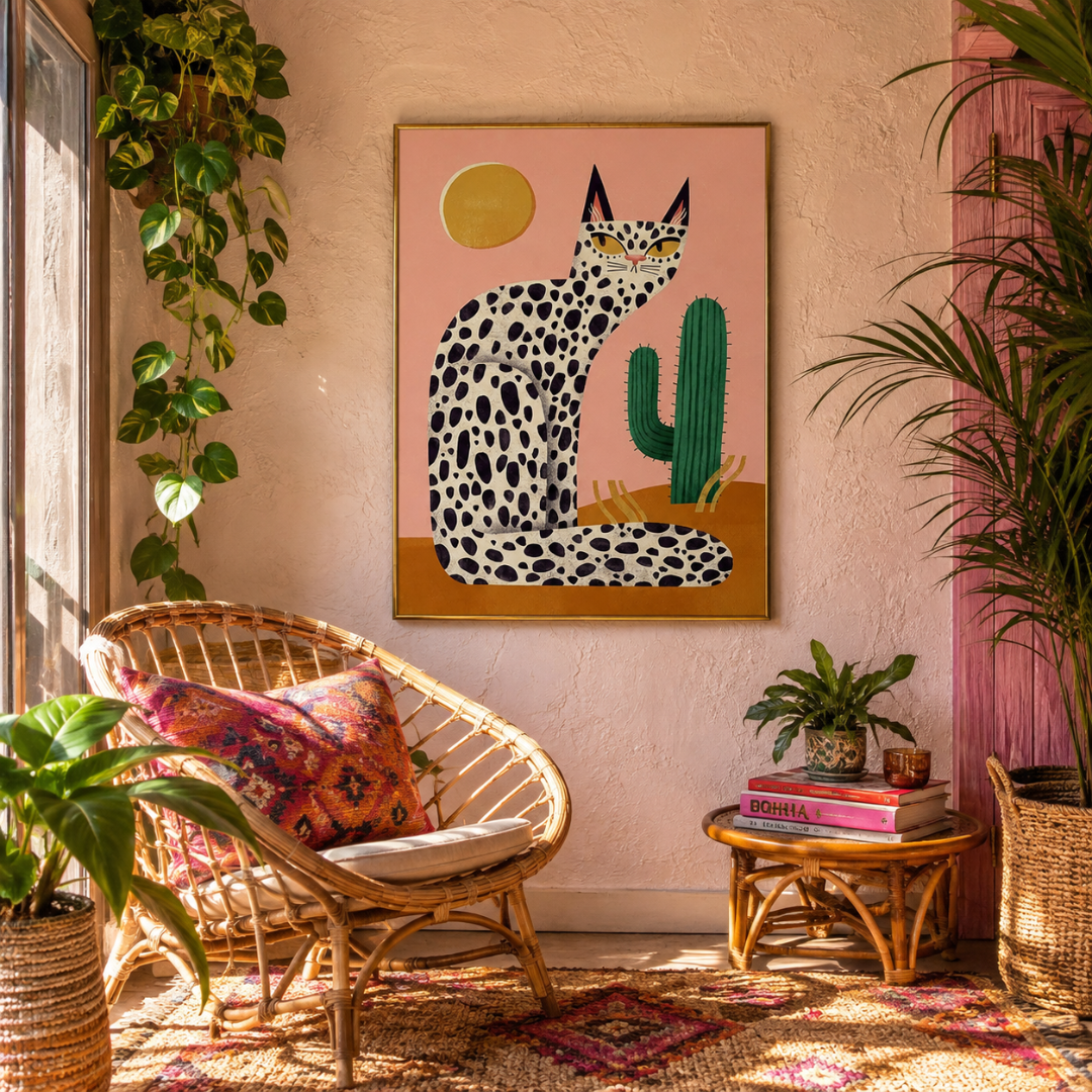 Desert Cat & Cactus Retro Canvas Print