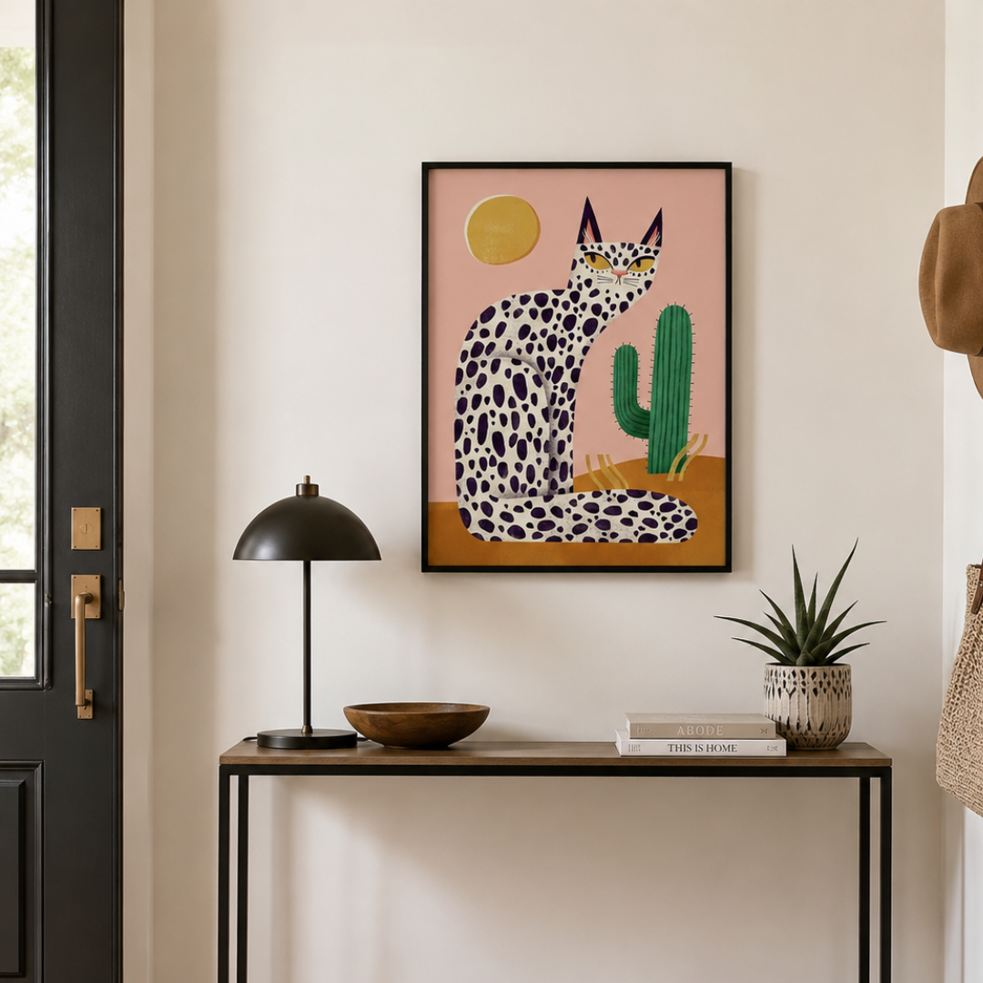 Desert Cat & Cactus Retro Canvas Print