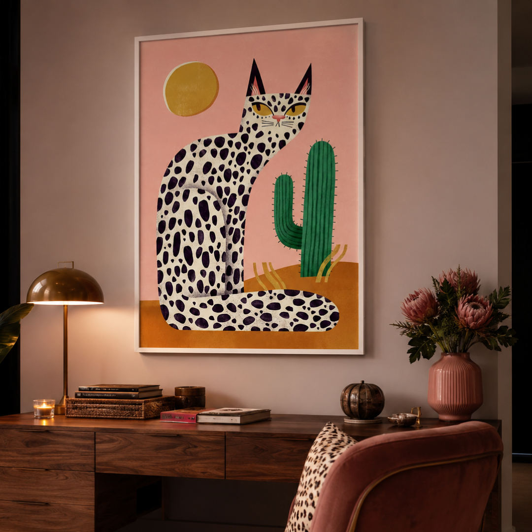 Desert Cat & Cactus Retro Canvas Print