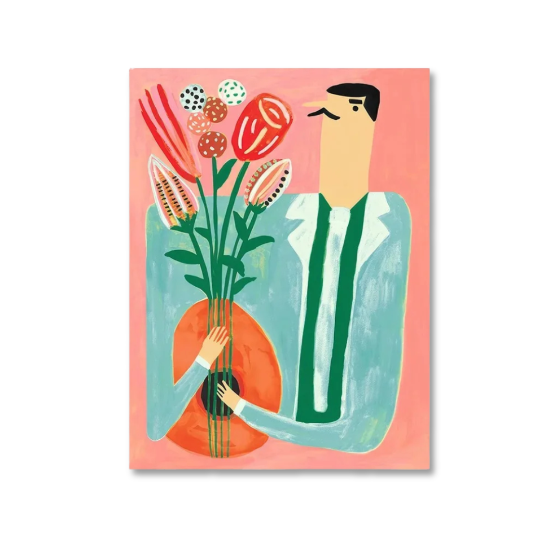 A stylized art print depicting a man in a light blue shirt with a green tie holding a guitar and flowers, set against a pink background, shown on a clean white backdrop.