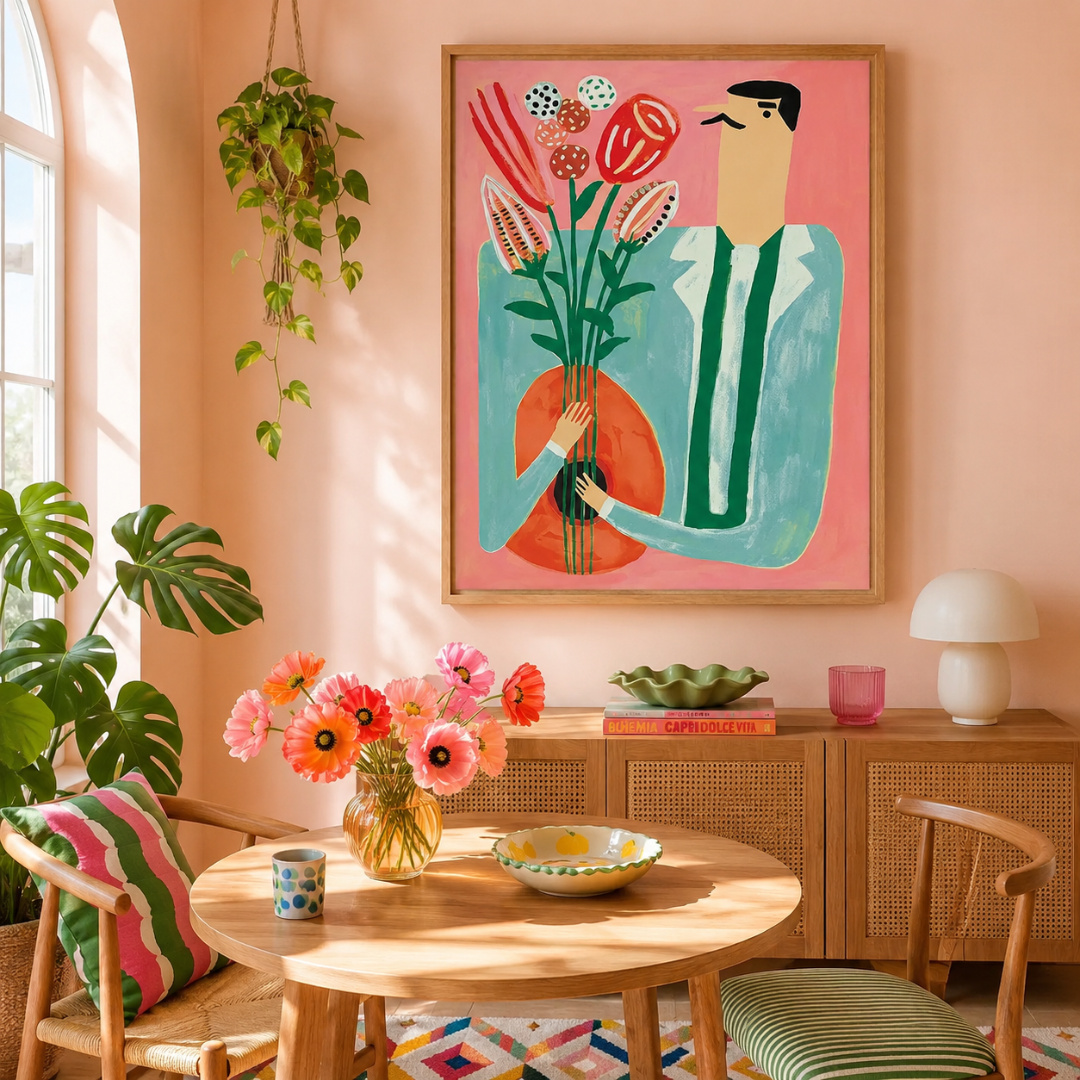 A framed art print featuring a stylized illustration of a man holding a bouquet of flowers, hung on a peach-colored wall in a beautifully decorated room with a wooden table, chairs, and potted plants.