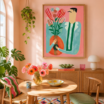 A framed art print featuring a stylized illustration of a man holding a bouquet of flowers, hung on a peach-colored wall in a beautifully decorated room with a wooden table, chairs, and potted plants.