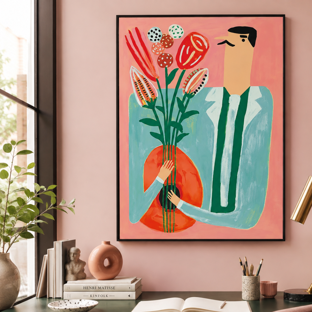 A framed abstract art print featuring a stylized figure holding a guitar and bouquet of flowers, hung on a dusty pink wall above a styled desk with books, a plant, and stationery.