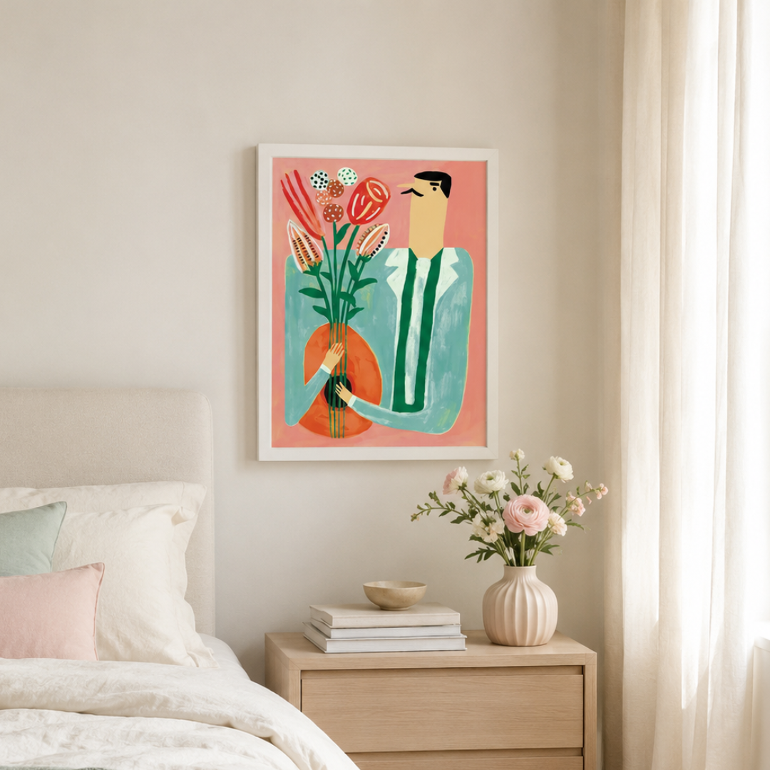 A framed art print featuring a stylized illustration of a man holding a bouquet of flowers, hanging on a beige wall above a bed and nightstand in a softly lit bedroom.