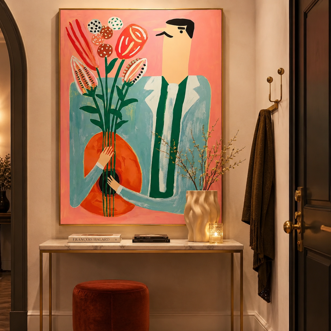 A large colorful abstract painting of a man holding flowers hangs on a beige wall above a console table in a styled interior hallway. The painting features a pink background, a light blue figure, green tie details, and red, orange, and cream floral elements.