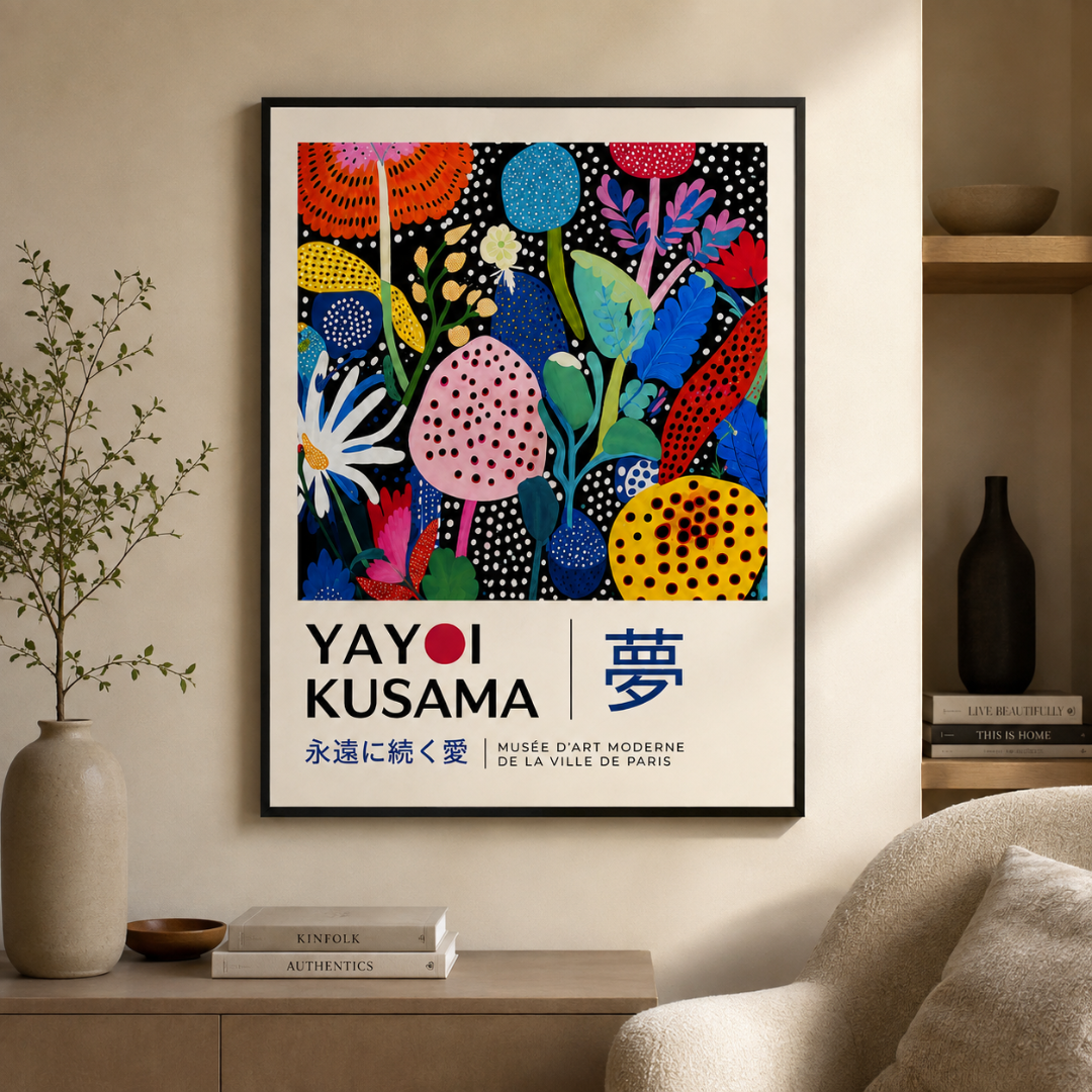 A framed art print featuring a colorful abstract floral and mushroom design with the text 'YAYOI KUSAMA' and Japanese characters, displayed on a beige wall above a wooden console table in a styled interior setting.