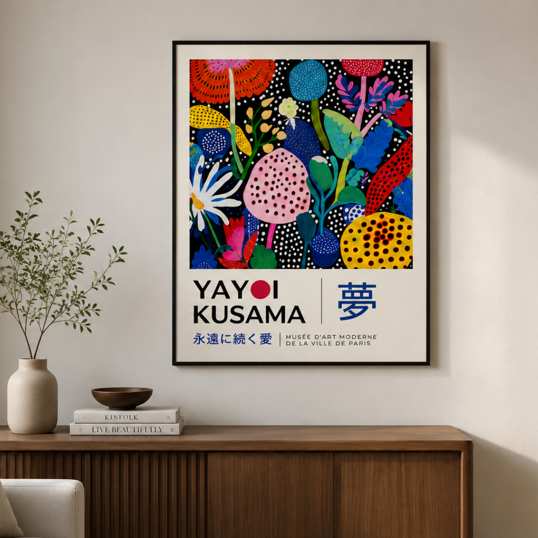 A framed colorful poster featuring Yayoi Kusama artwork hangs on a light beige wall above a wooden console table. The poster has a black frame and displays a vibrant abstract floral pattern with the text 'YAYOI KUSAMA' and Japanese characters.