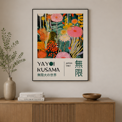 A framed art print featuring a colorful floral illustration and text reading 'YAYOI KUSAMA' and 'JAPAN 1987' is displayed on a beige wall above a wooden console table with books, a vase, and a bowl.