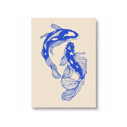 A vertical art print featuring two blue koi fish illustrations on a warm beige background, shown against a clean white backdrop with a subtle drop shadow.