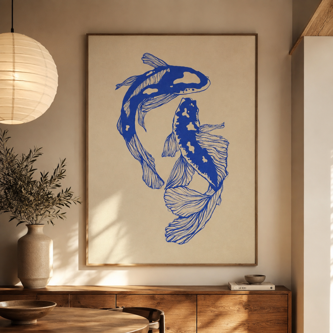A framed wall art print featuring two blue koi fish on a warm cream background, displayed in a styled interior above a wooden console table with a vase and lamp nearby.