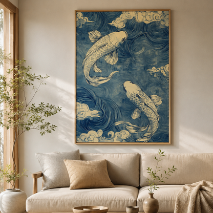 Japanese Blue Wave Koi Fish Canvas Print