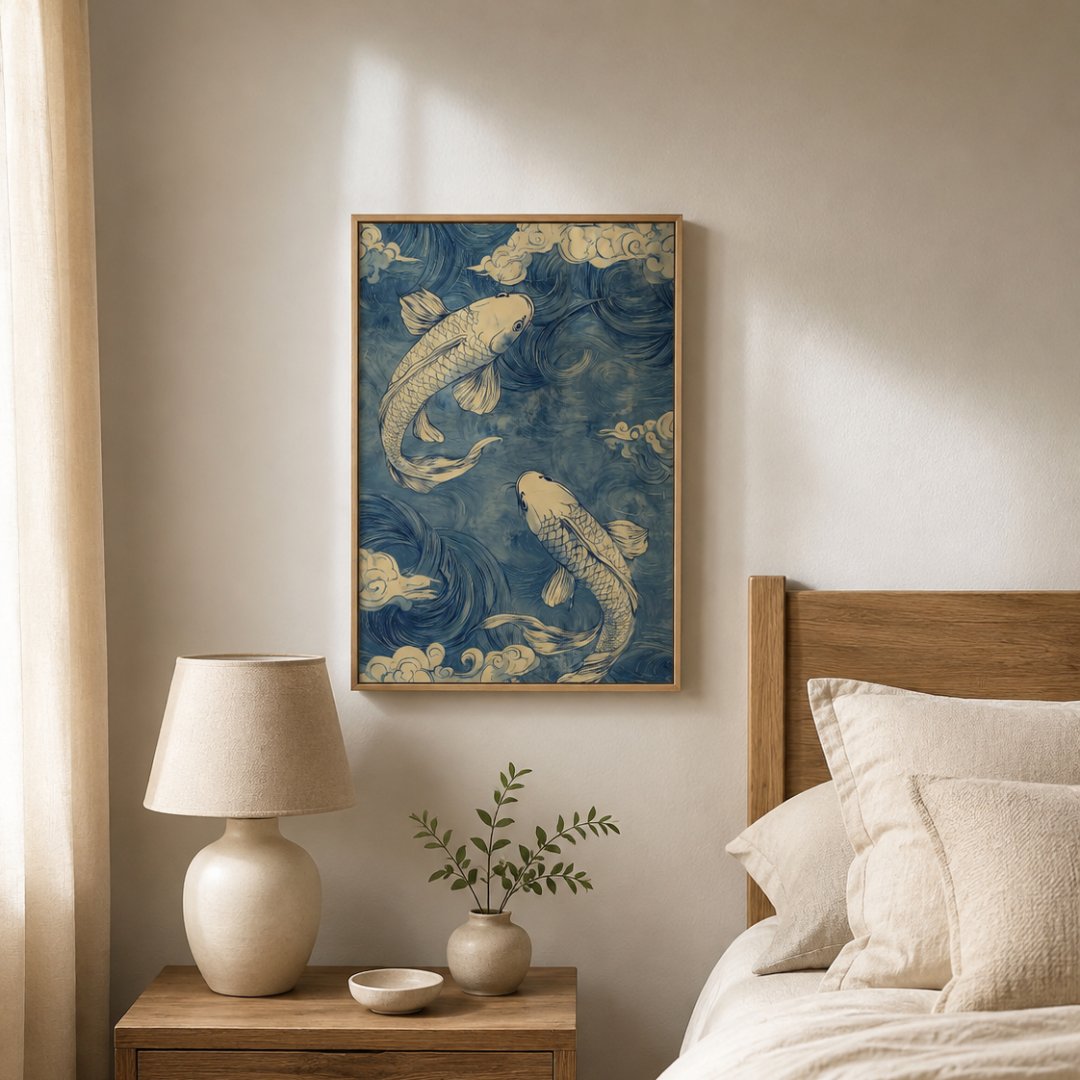Japanese Blue Wave Koi Fish Canvas Print