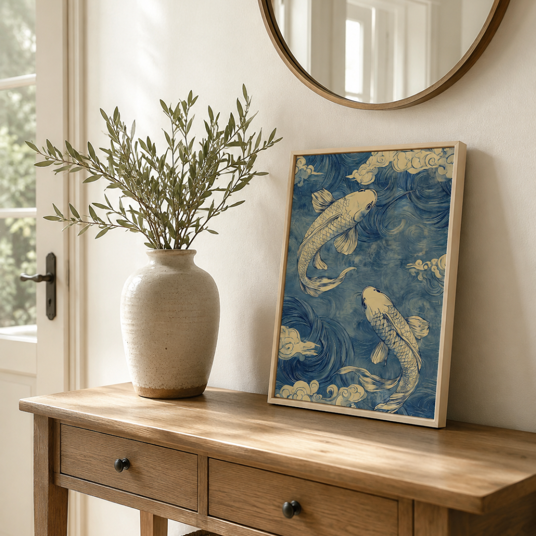 Japanese Blue Wave Koi Fish Canvas Print