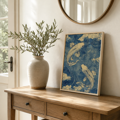 Japanese Blue Wave Koi Fish Canvas Print