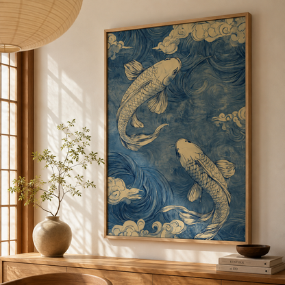 Japanese Blue Wave Koi Fish Canvas Print