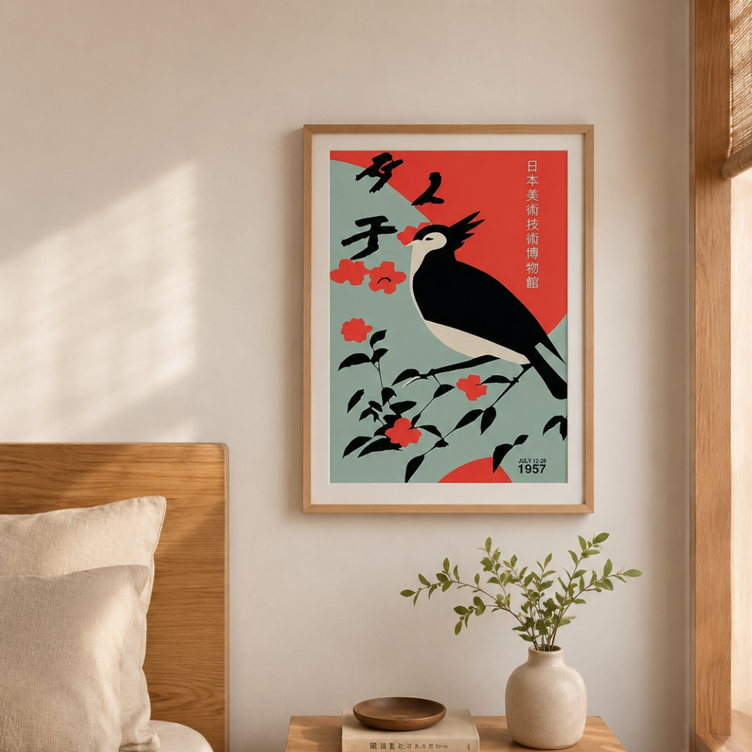 Japanese Black Bird Floral Canvas Print