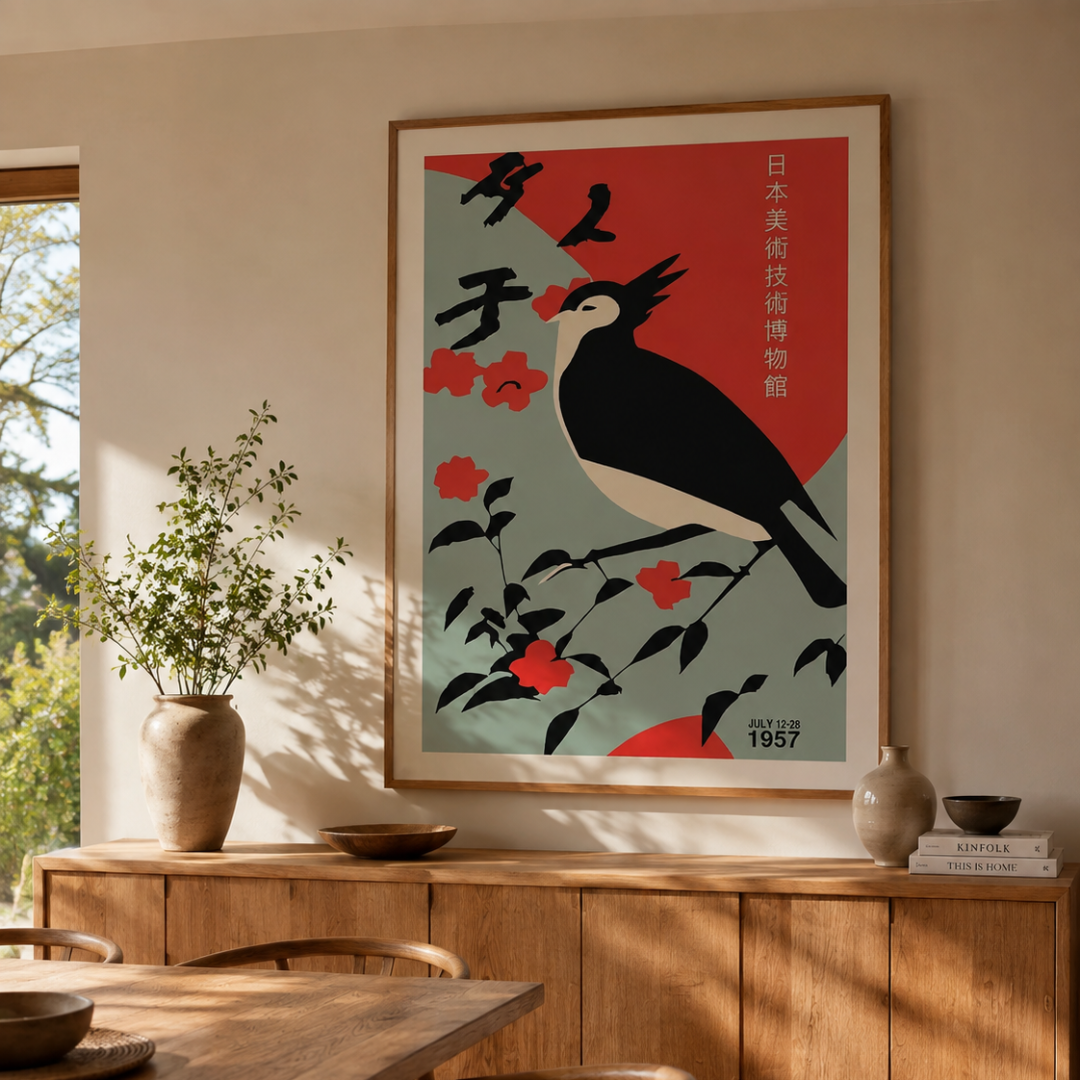 Japanese Black Bird Floral Canvas Print