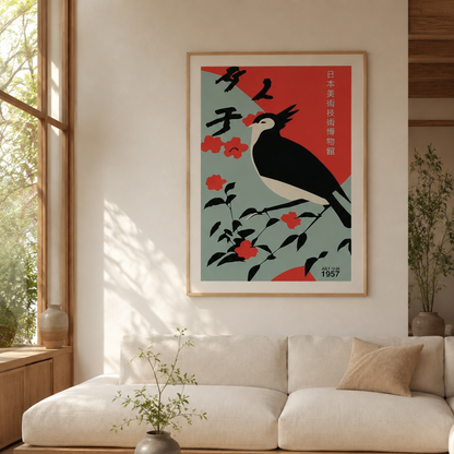 Japanese Black Bird Floral Canvas Print