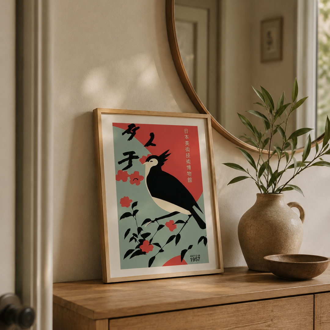 Japanese Black Bird Floral Canvas Print
