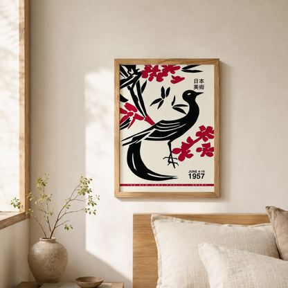 Japanese Red Blossom Bird Canvas Print