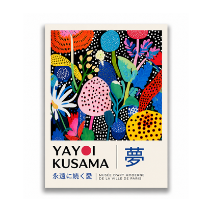 A vertical art print or poster featuring a colorful abstract floral illustration above the text 'YAYOI KUSAMA' and Japanese characters, shown against a plain white background.