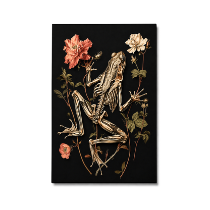 A vertical art print featuring a detailed anatomical illustration of a frog skeleton, surrounded by pink and white flowers on a black background, shown against a plain white backdrop.