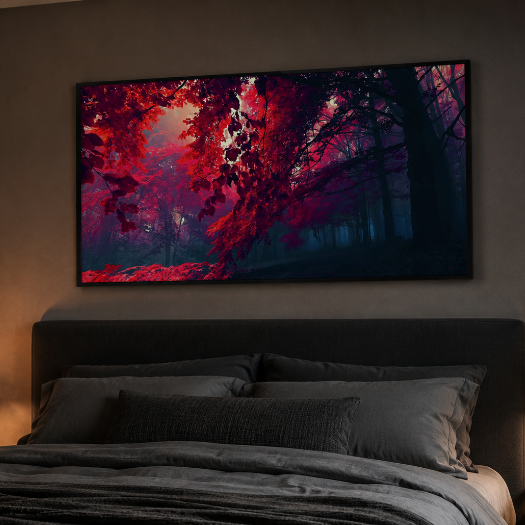 Crimson Mist Forest Panoramic Canvas Print