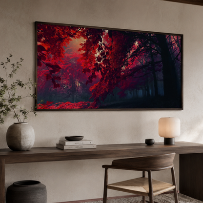 Crimson Mist Forest Panoramic Canvas Print
