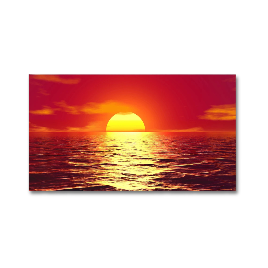 A rectangular wall art print showing a dramatic sunset over the ocean, with a bright yellow sun near the horizon, vivid red and orange sky, and golden light reflecting across rippling water, displayed against a light gray background.