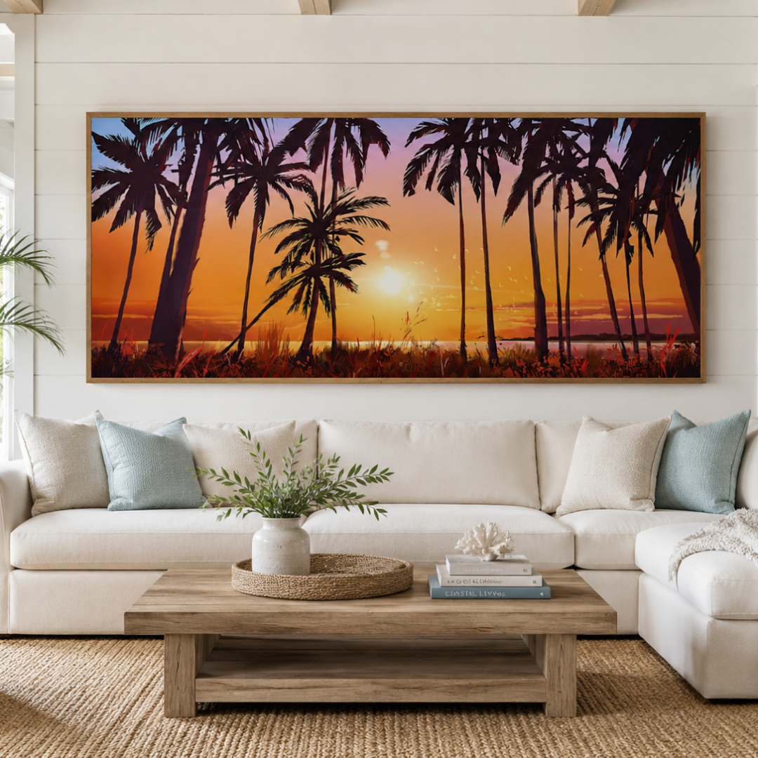 Palm Glow Tropical Sunset Panoramic Canvas Print