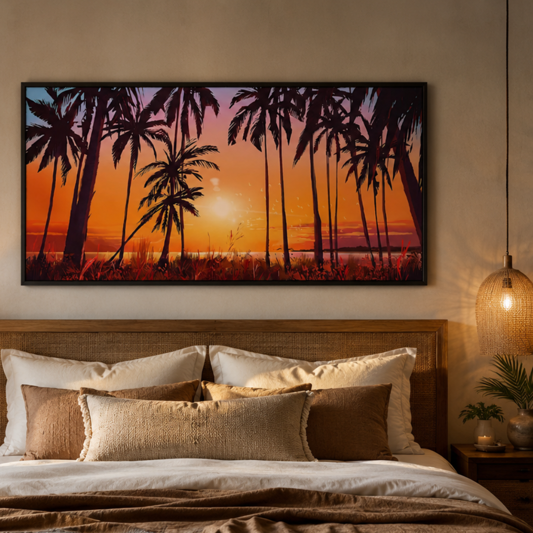 Palm Glow Tropical Sunset Panoramic Canvas Print