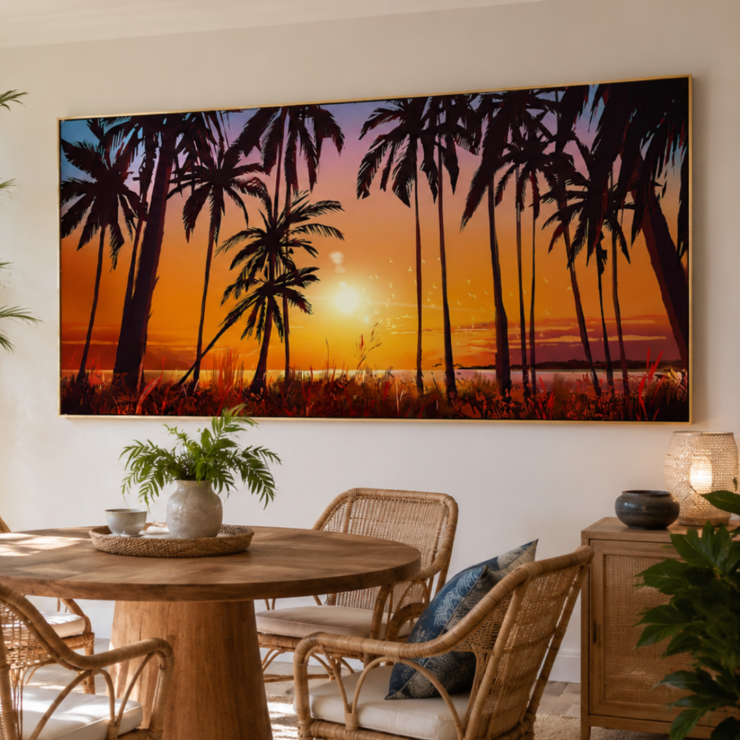 Palm Glow Tropical Sunset Panoramic Canvas Print