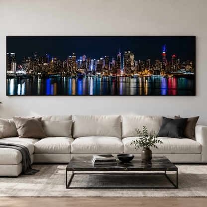 New York Manhattan After Dark Skyline Panoramic Canvas Print