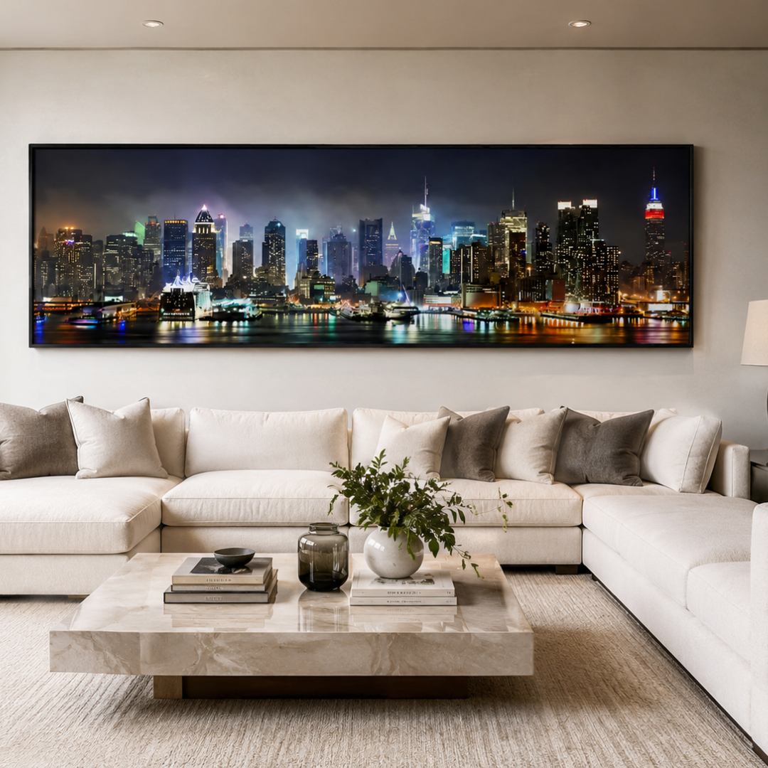 Midnight Manhattan Lights Panoramic Canvas Print