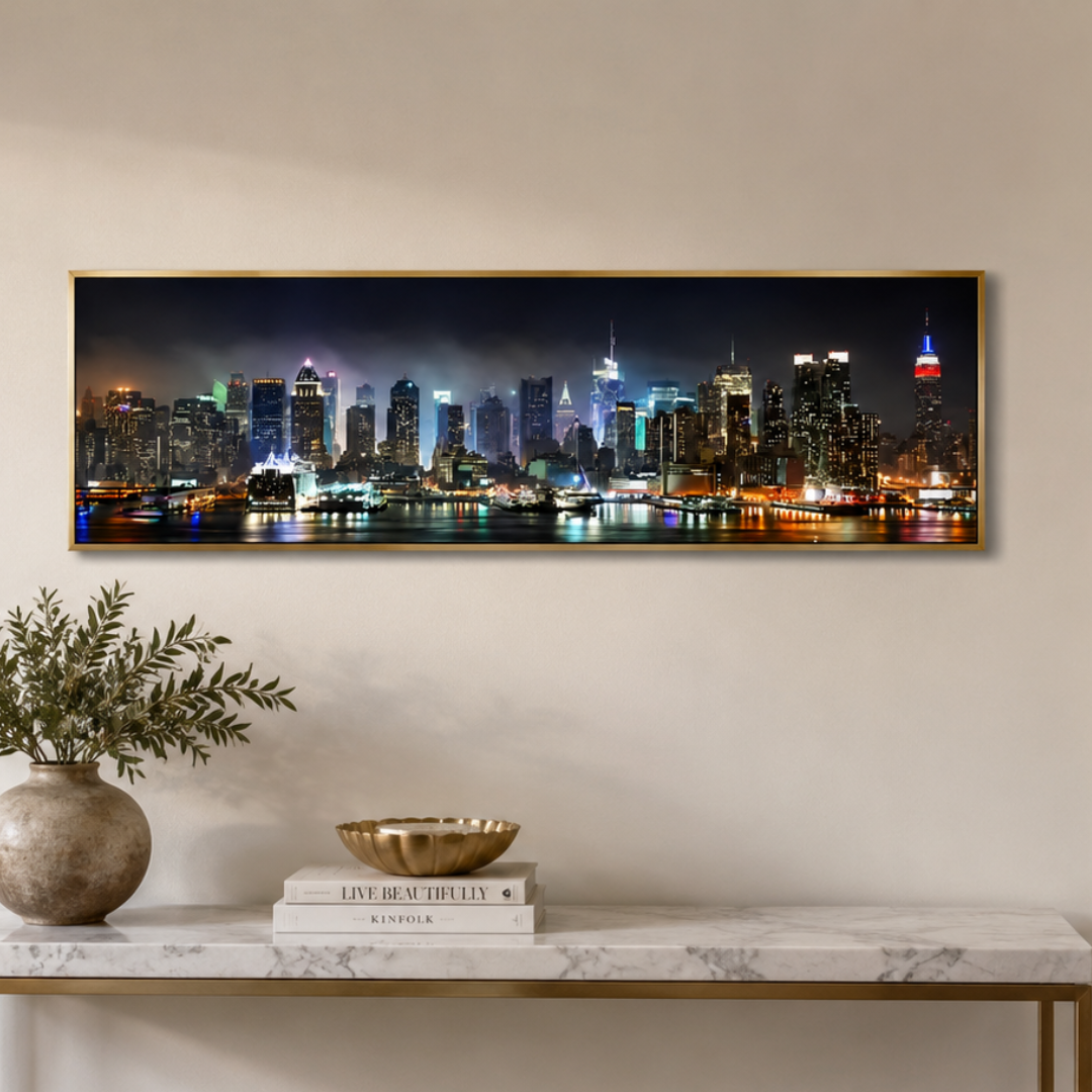 Midnight Manhattan Lights Panoramic Canvas Print