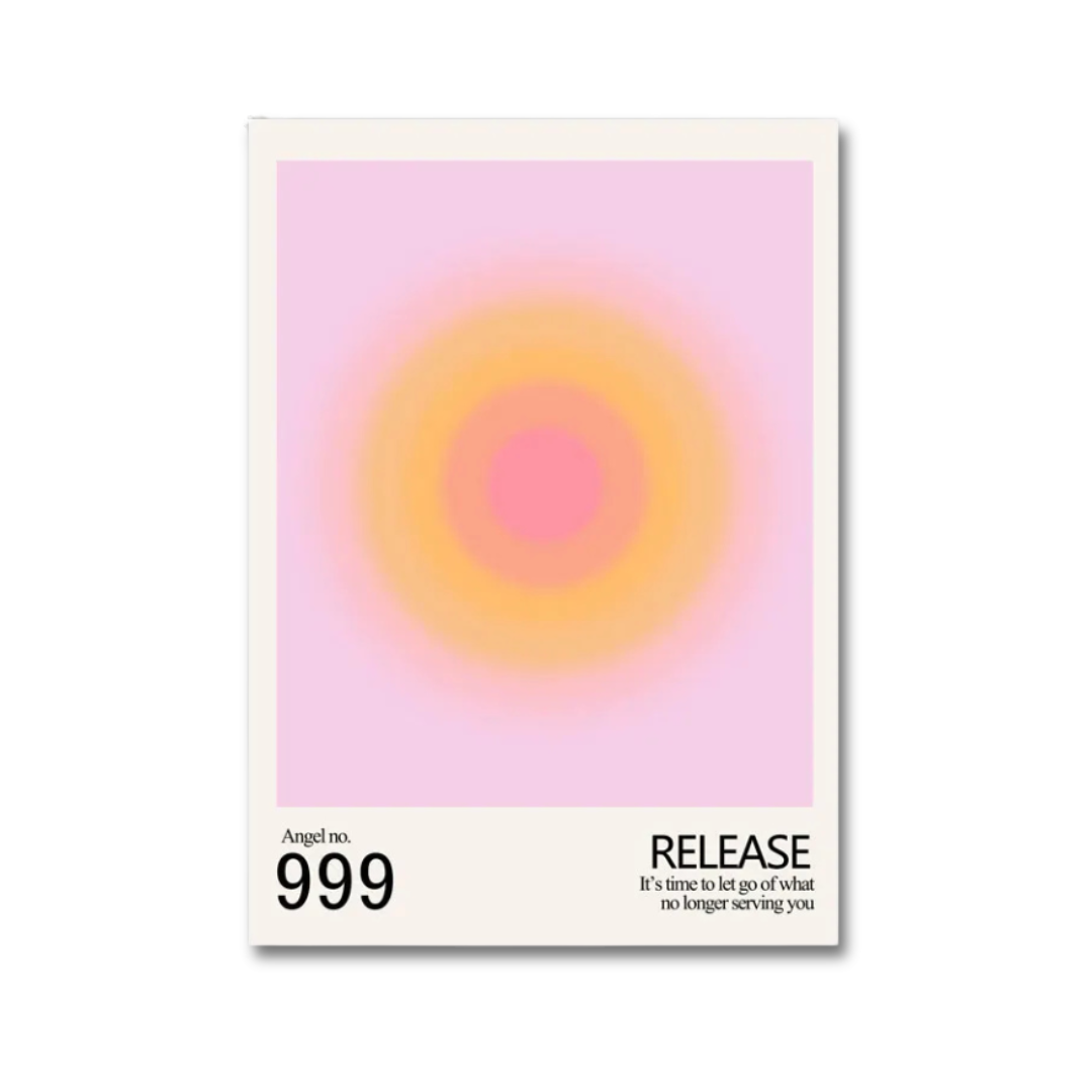 A minimalist art print poster featuring a soft pink and orange concentric circle design on a light pink background, with a cream border and black text at the bottom reading 'Angel no. 999' and 'RELEASE It is time to let go of what no longer serves you'.