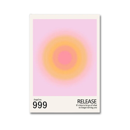 A minimalist art print poster featuring a soft pink and orange concentric circle design on a light pink background, with a cream border and black text at the bottom reading 'Angel no. 999' and 'RELEASE It is time to let go of what no longer serves you'.