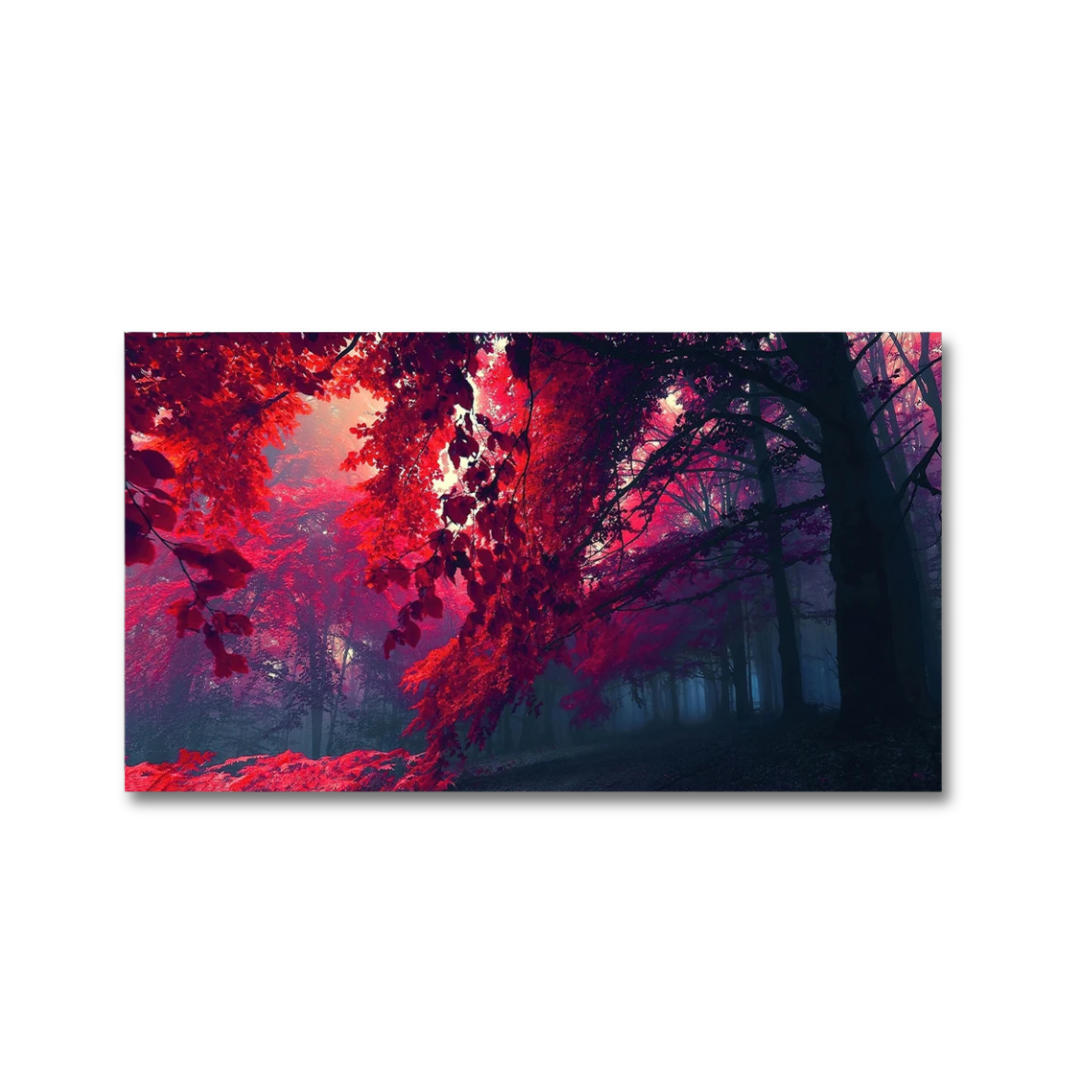 A horizontal canvas wall art print depicting a mystical forest with vibrant red and magenta autumn leaves, dark tree silhouettes, and a soft pink-purple misty background, shown against a plain white wall.
