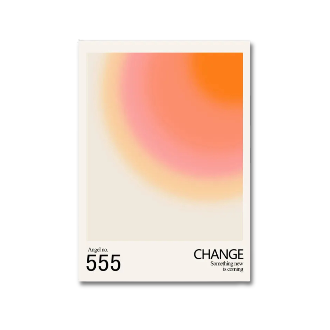 A minimalist art print or poster card featuring an abstract gradient of orange, pink, and yellow on a cream background, with the text 'Angel no. 555 CHANGE' and 'something new is coming' printed at the bottom.