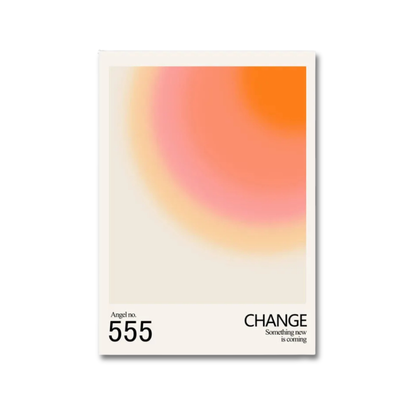 A minimalist art print or poster card featuring an abstract gradient of orange, pink, and yellow on a cream background, with the text 'Angel no. 555 CHANGE' and 'something new is coming' printed at the bottom.