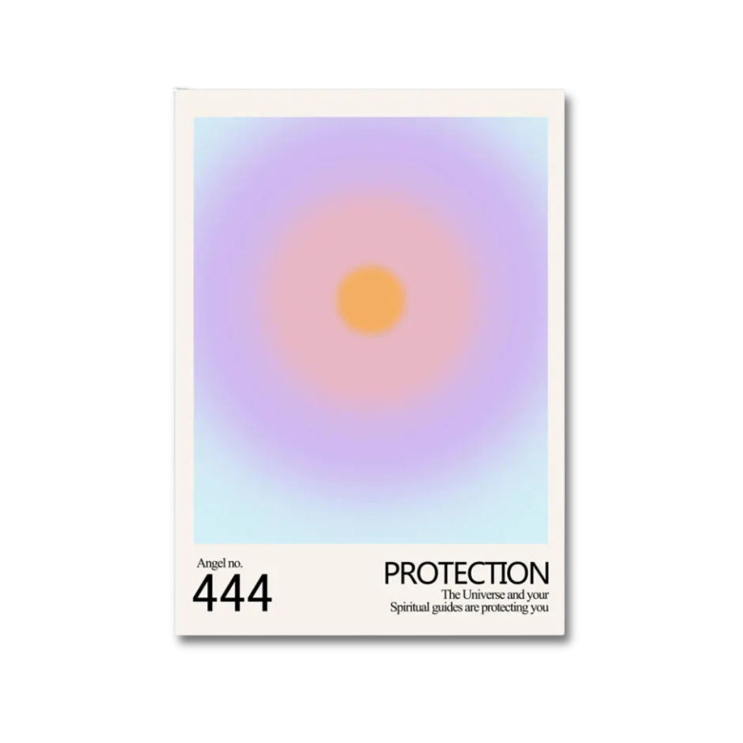 A rectangular art print or card with a cream border, featuring a soft pastel gradient of purple, pink, and light blue surrounding a small yellow-orange sun-like circle. Black text at the bottom reads 'Angel no.
