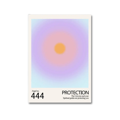 A rectangular art print or card with a cream border, featuring a soft pastel gradient of purple, pink, and light blue surrounding a small yellow-orange sun-like circle. Black text at the bottom reads 'Angel no.