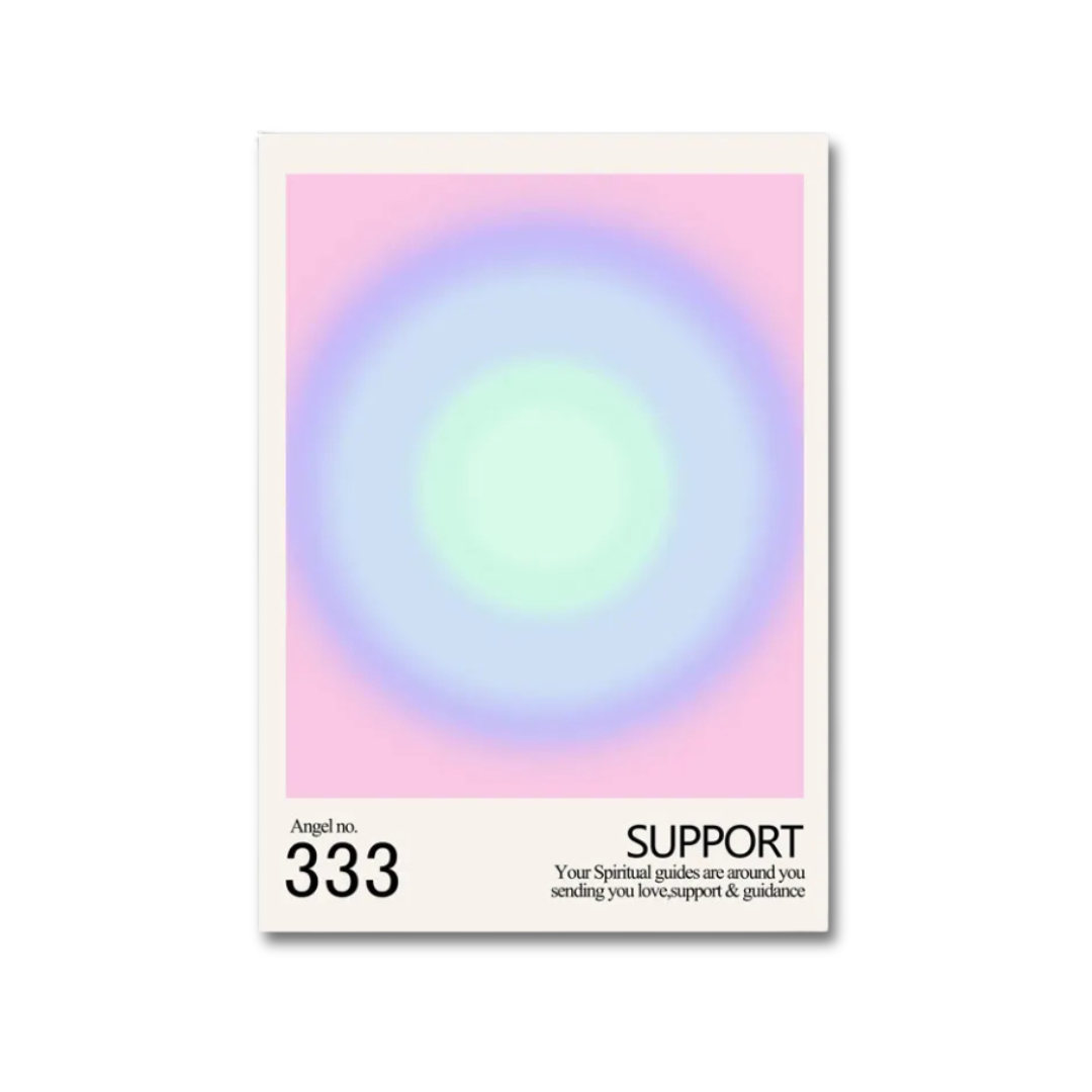 A vertical art print or card featuring a pastel gradient design with concentric circles in pink, purple, and mint green, bordered by a cream frame. The bottom section contains black text reading 'Angel no.