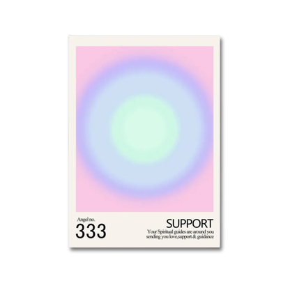 A vertical art print or card featuring a pastel gradient design with concentric circles in pink, purple, and mint green, bordered by a cream frame. The bottom section contains black text reading 'Angel no.