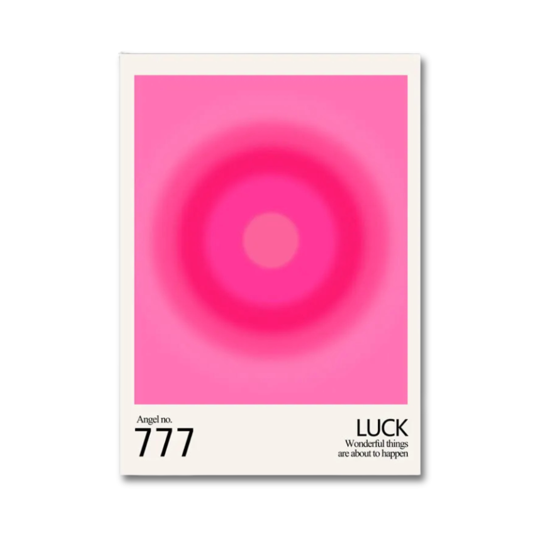 A vertical art print or poster with a white border, featuring a bright pink circular gradient design in the center and black text at the bottom reading 'Angel no. 777 LUCK Wonderful things are about to happen'.