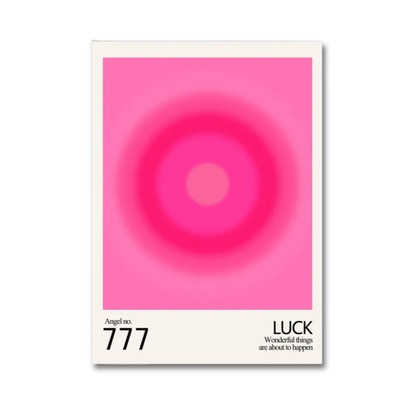 A vertical art print or poster with a white border, featuring a bright pink circular gradient design in the center and black text at the bottom reading 'Angel no. 777 LUCK Wonderful things are about to happen'.