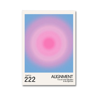 A minimalist art print or poster featuring a soft pink and purple circular gradient on a light blue background, framed by a white border with the text 'Angel no. 222 ALIGNMENT You are in the right place & the right time' at the bottom.