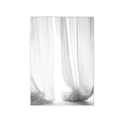 A vertical canvas wall art print depicting elegant white and light gray sheer curtains gathered around a bright window opening, shown against a solid white background.